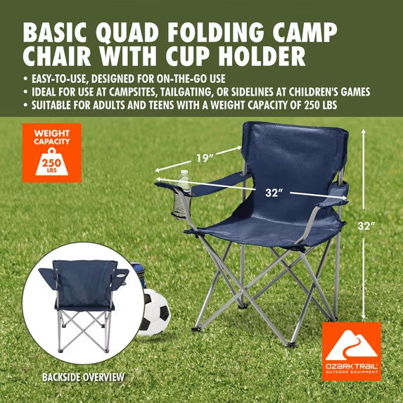 Ozark Trail Quad Folding Camping Chair with Cup Holder - Blue, Lightweight & Portable