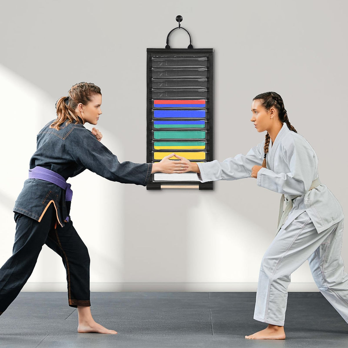 Wall-Mounted 12-Belt Display Rack with Dust-Free Slot Shelves, Martial Arts Organizer