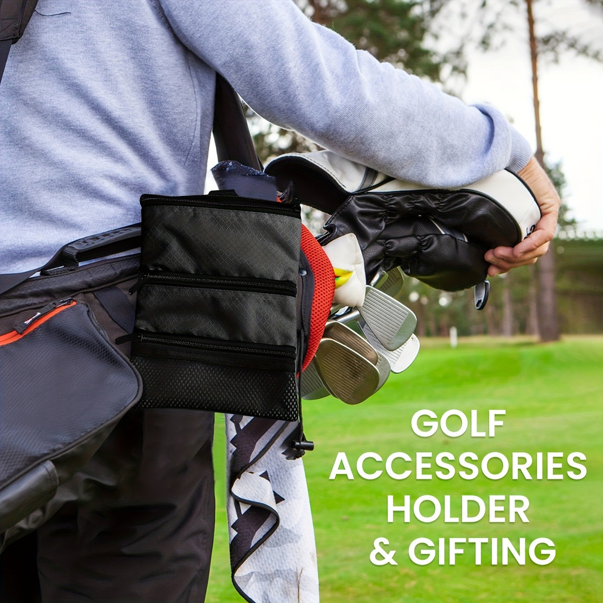 Golf Accessory Pouch Bag with Zipper and Multiple Pockets for Valuables and Tees