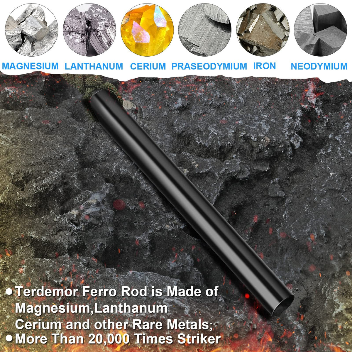 Fire Starter Ferro Rod Kit 5 Inch with Flint Steel and Paracord for Camping Survival