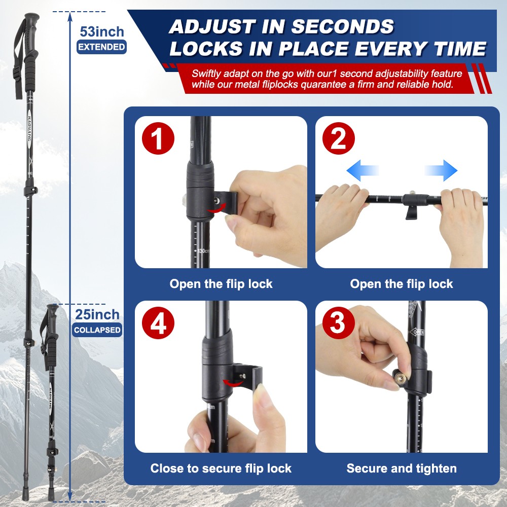 Lightweight Telescoping Hiking Poles with Adjustable Locking System - Collapsible Trekking Sticks