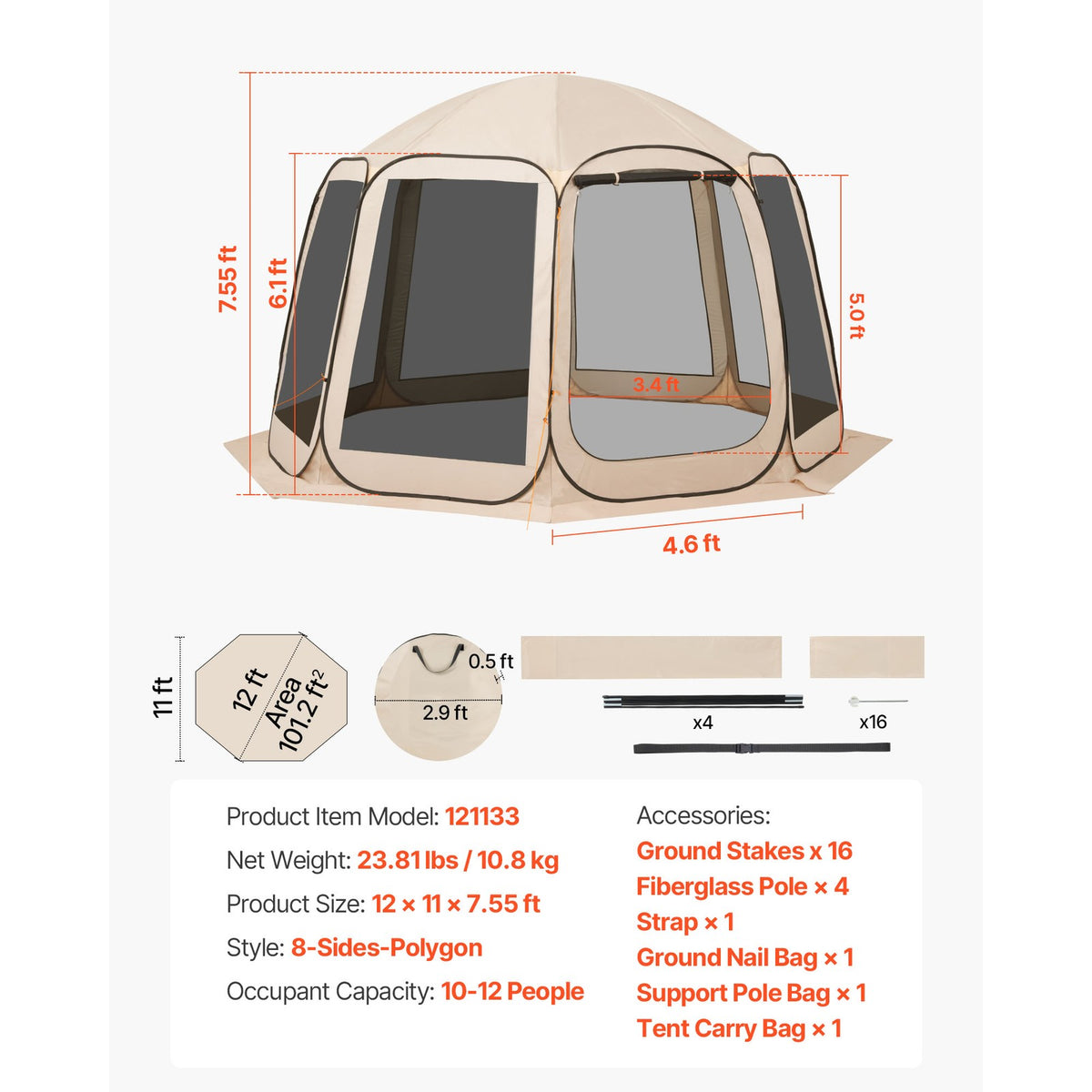 12' x 11' Pop-Up Screen House Tent for Camping and Outdoor Events