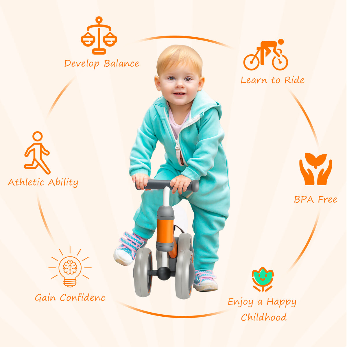 Baby Balance Bike 12-24 Months Toddler First Ride with 4 Wheels, Safe & Sturdy