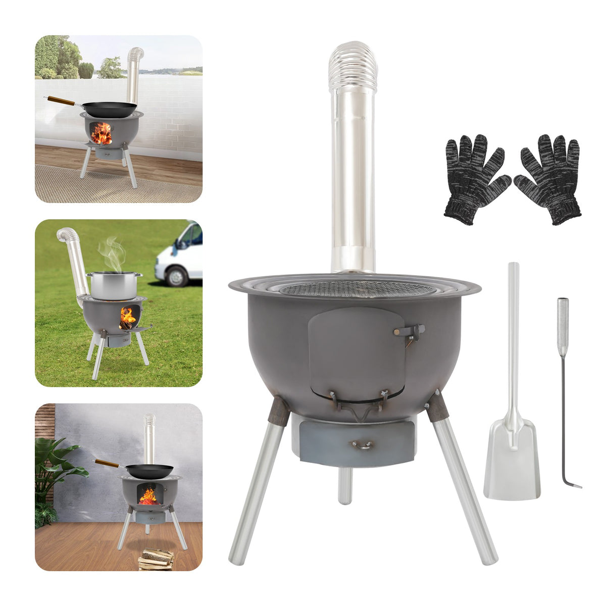 Portable Camping Wood Stove with Chimney Pipe and Grill for Outdoor Cooking