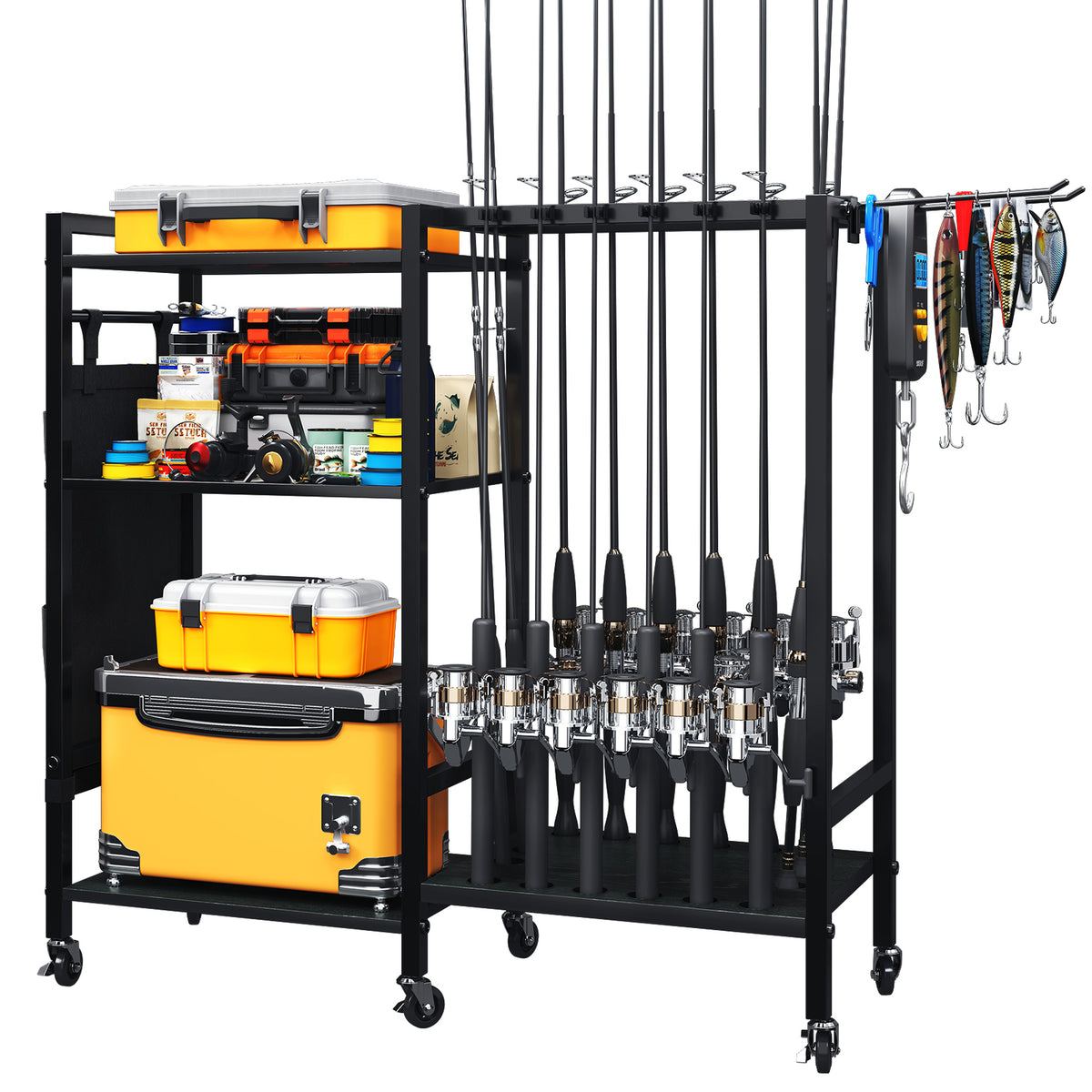 16-Rod Fishing Rod Holder Rack with Tackle Storage and Wheels