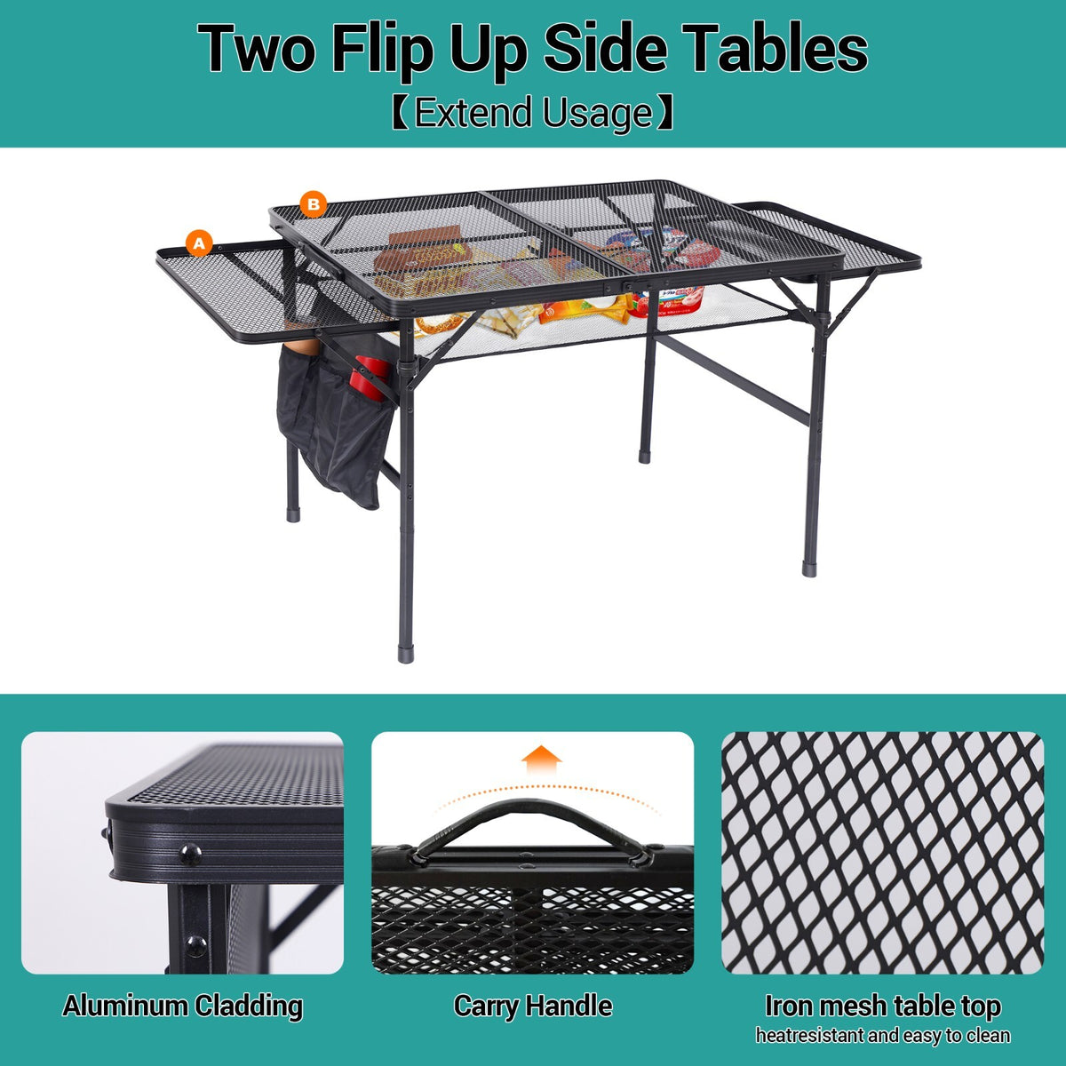 Foldable Camping & Outdoor Grill Table with Adjustable Height & Side Pockets