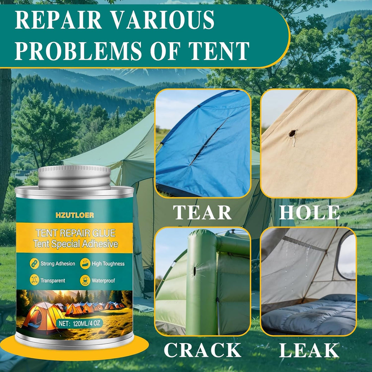 4Oz Tent Repair Glue Waterproof Sealant with Brush for Canvas & Outdoor Fabrics