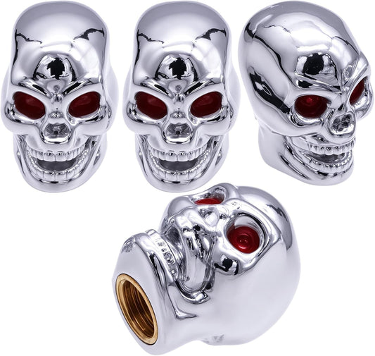 Skull Style Tire Valve Stem Caps - Universal Copper Core Wheel Air Caps for Cars, Bikes, Trucks, SUVs - Silver