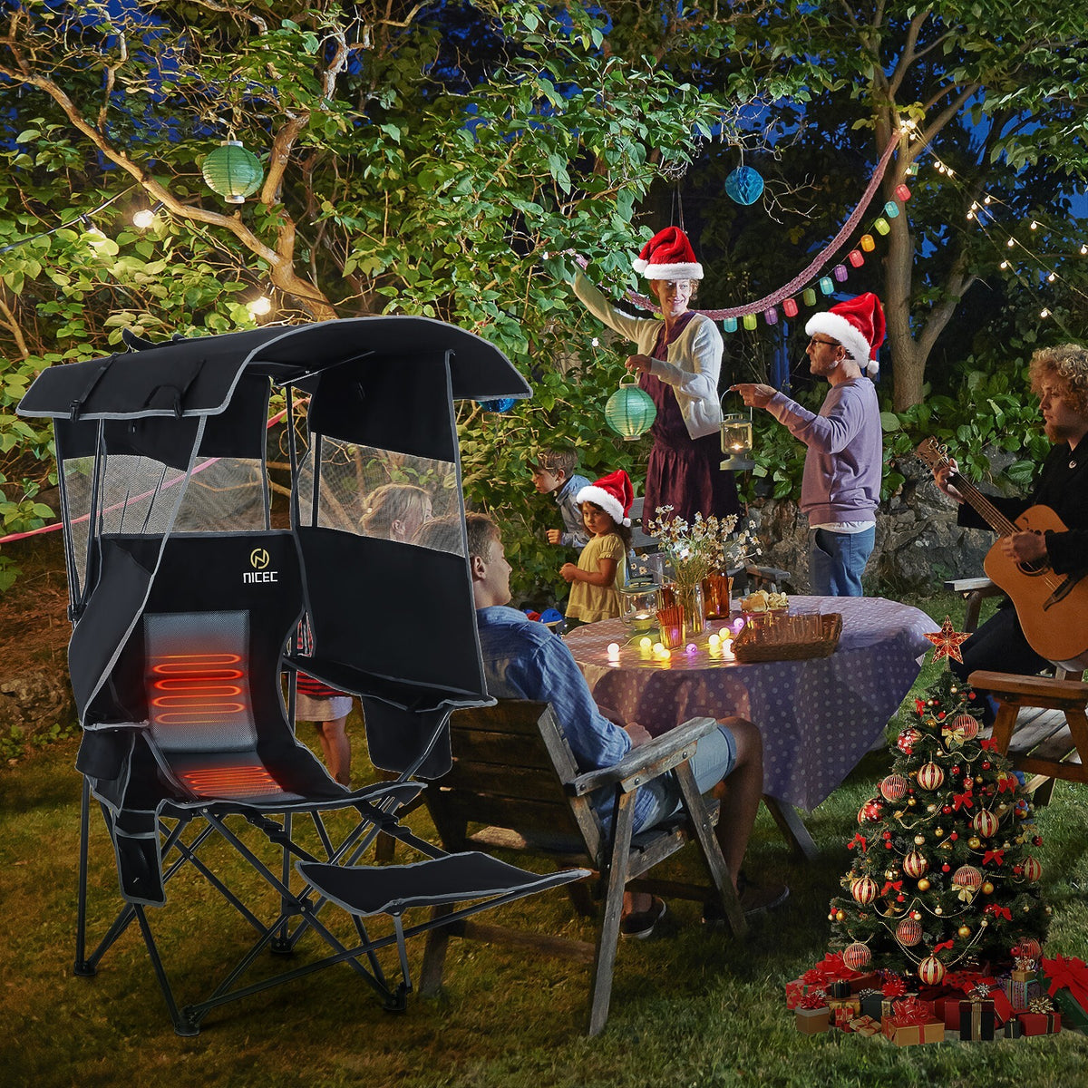 Heated Outdoor Camping Chair with Canopy and Footrest - Portable Shade