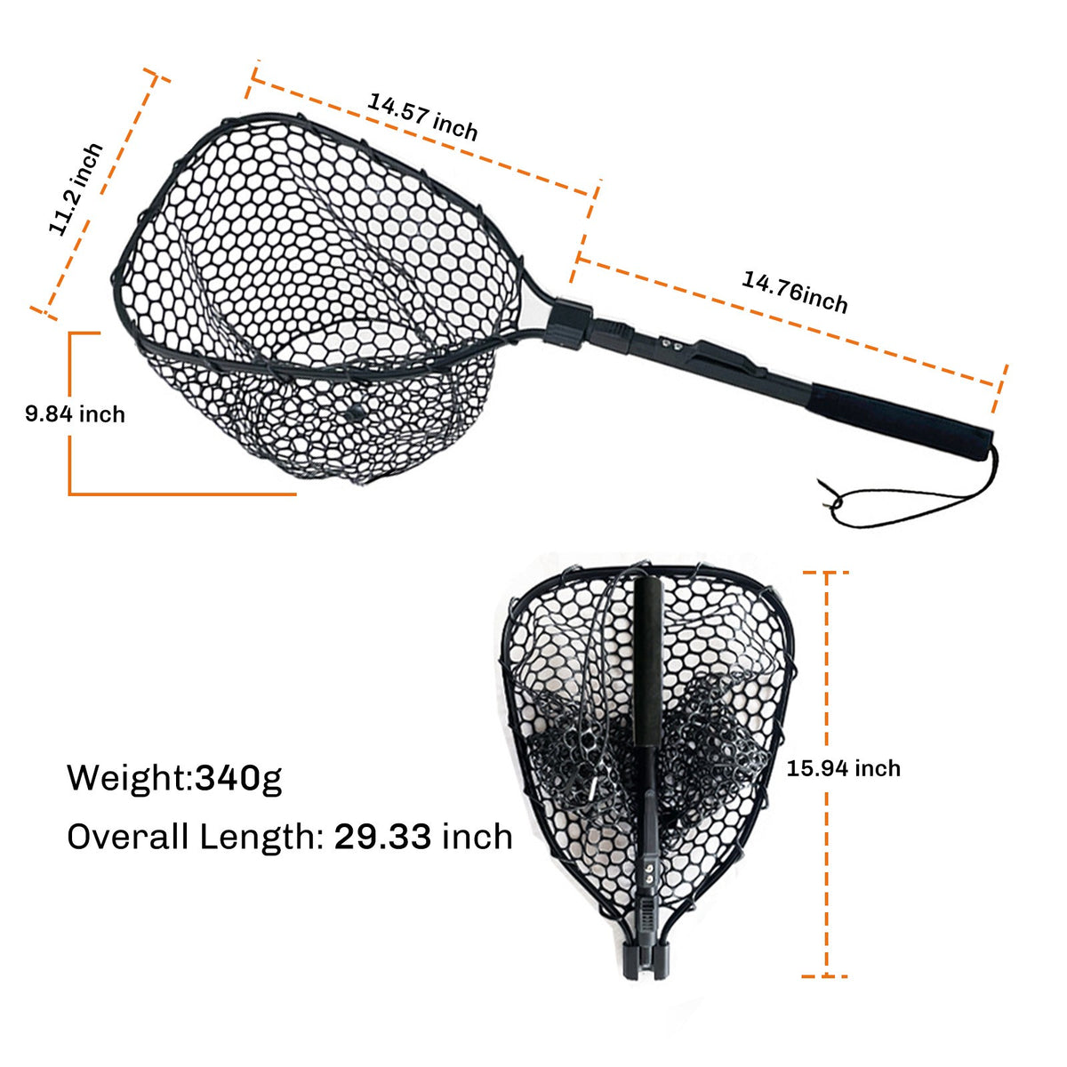Folding Fishing Landing Net with Rubber Mesh and Aluminum Frame