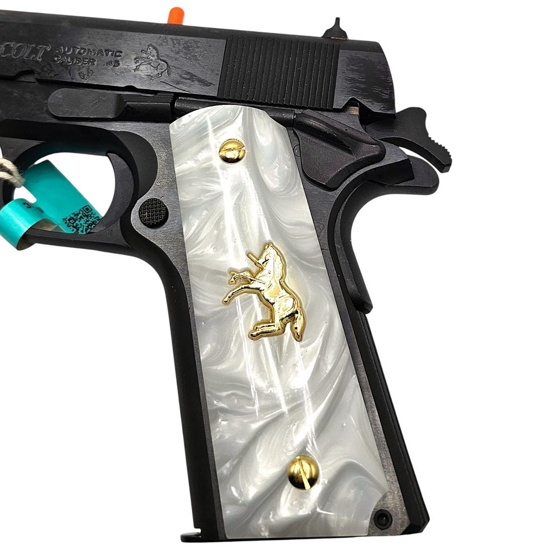 Full Size White Pearl 1911 Grips with Gold Colt Horse Emblem & Screws