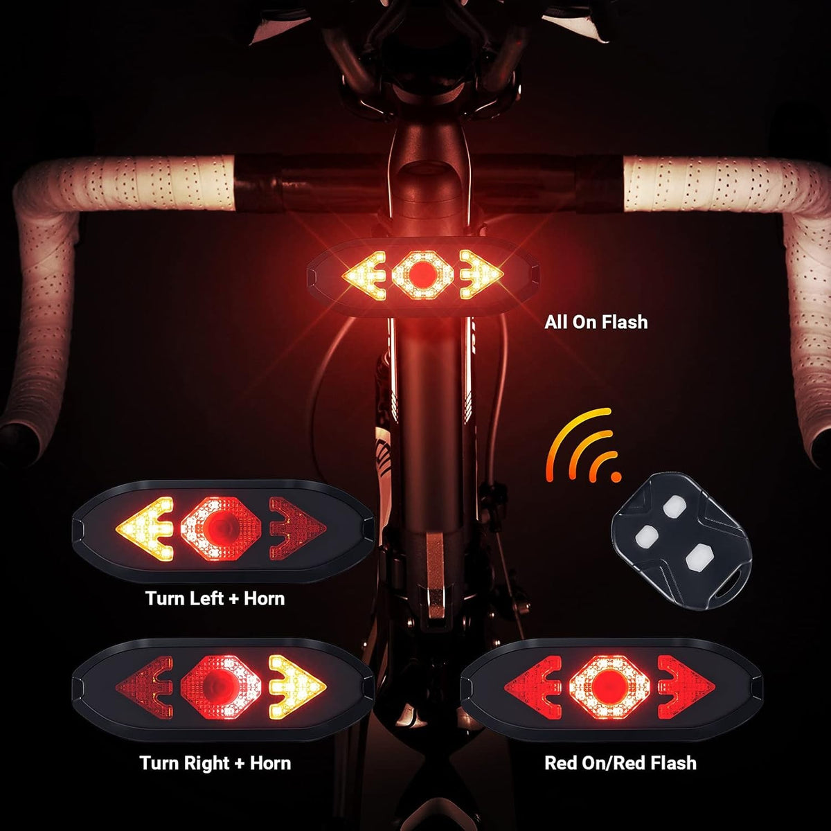 Wireless Bike Tail Light with Turn Signals Remote Control USB Rechargeable