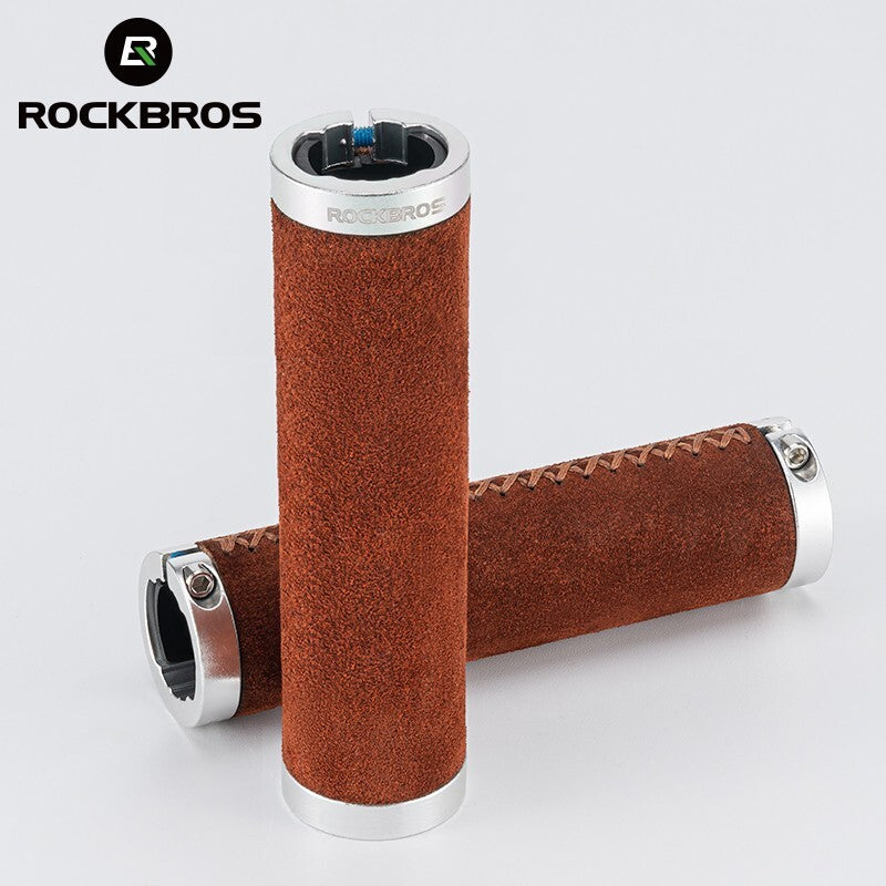 Leather Bicycle Handlebar Grips with Locking Ring Shock Absorption Anti-Slip Brown 13cm