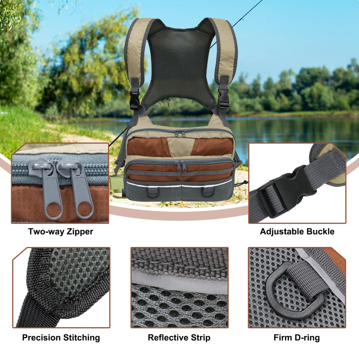 Fishing Chest Pack with Multiple Compartments for Fly & Tackle Storage - Lightweight & Durable