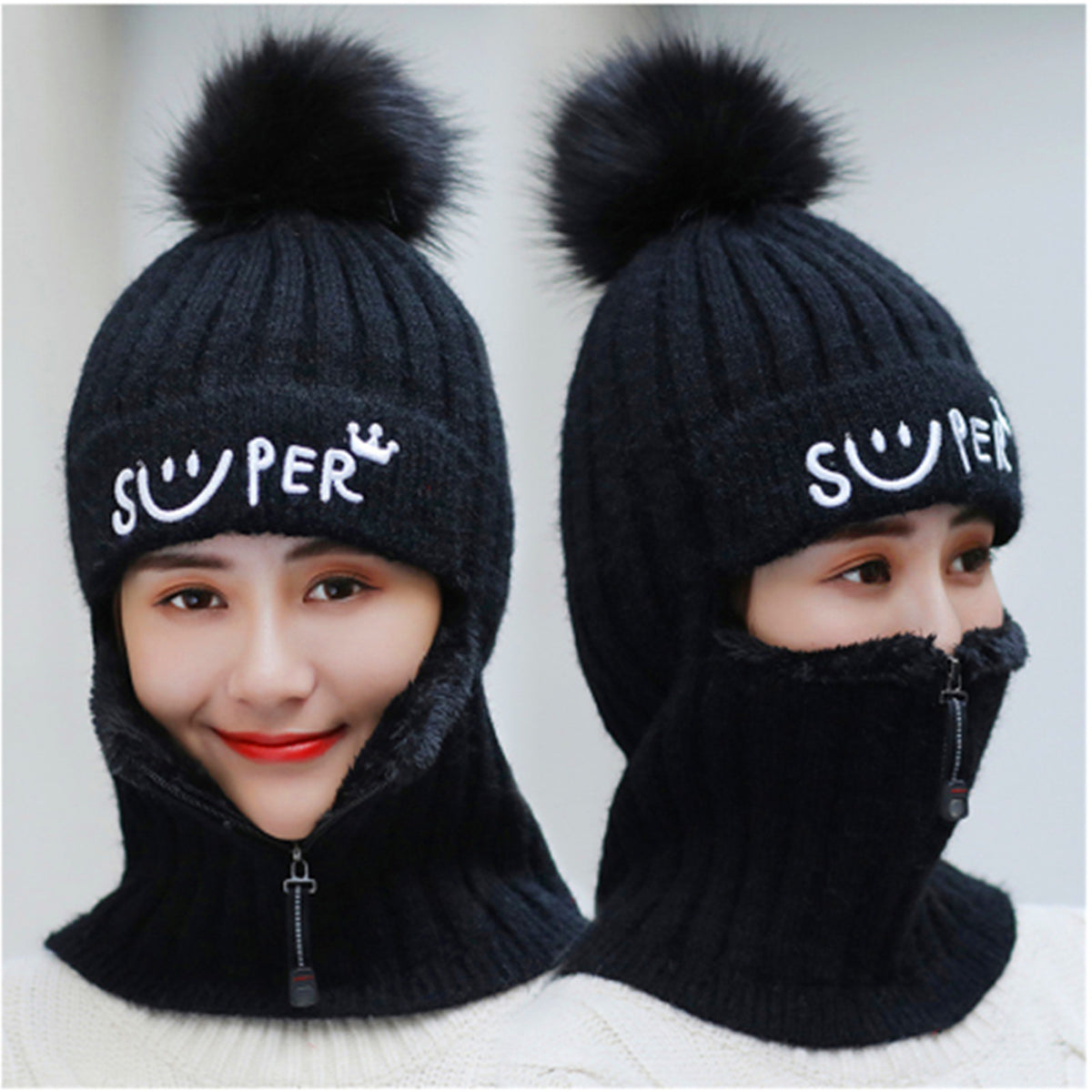 Double-Layer Fleece Winter Hat Beanie with Face and Neck Cover - Multiple Colors