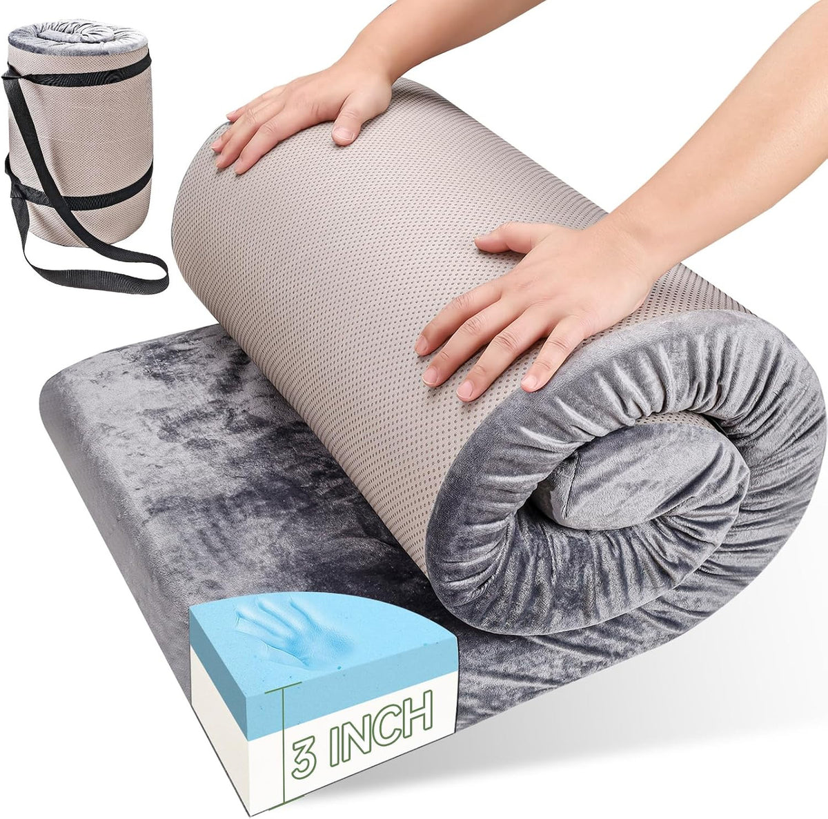 Memory Foam Camping Mattress Pad - 3 Inch Thick Waterproof Sleeping Mat for Adults