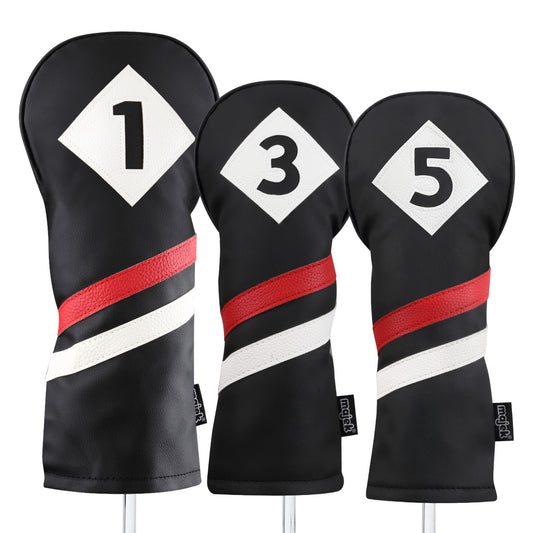 Golf Headcover for Driver & Fairway Woods Vintage Leather Style Black Red White