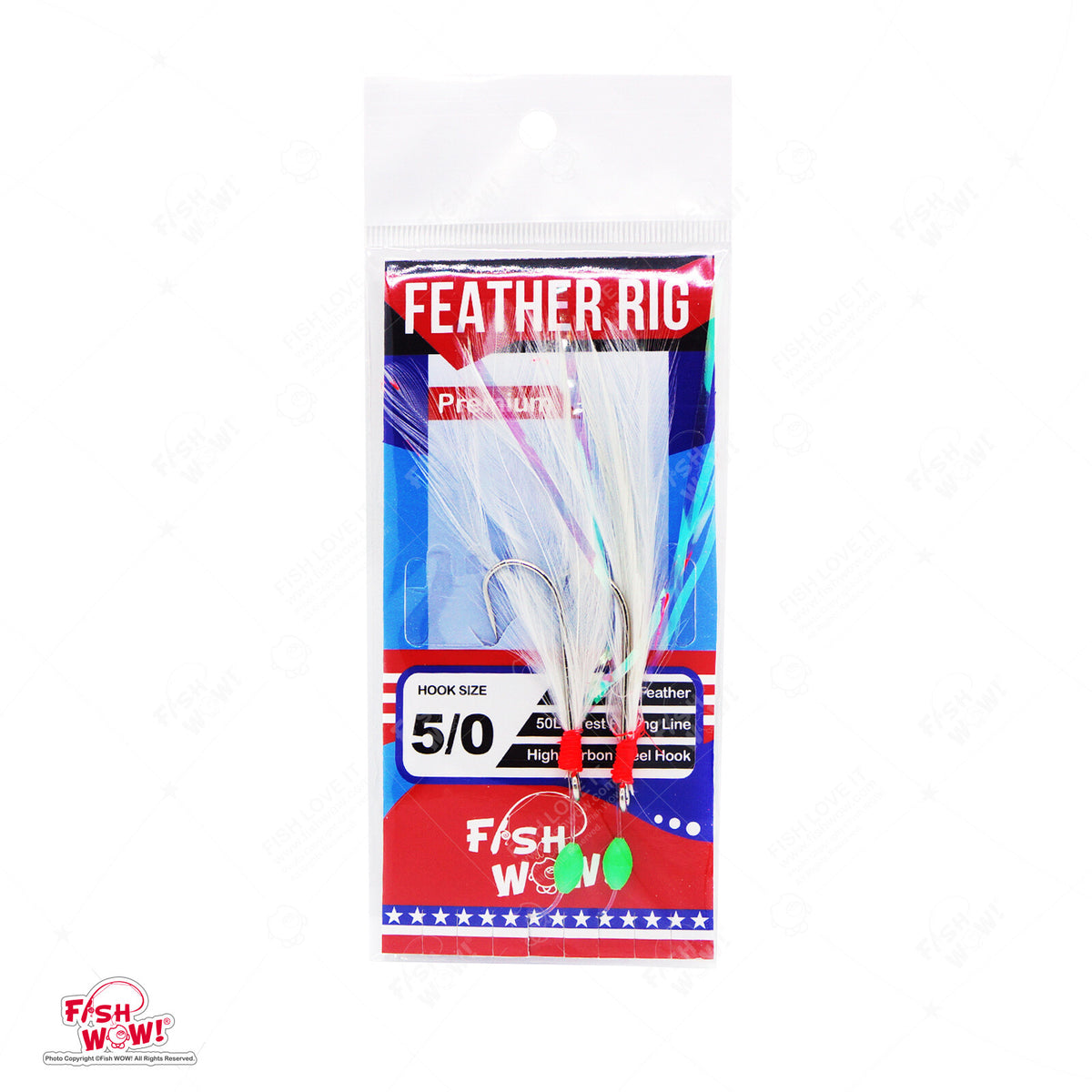 Fishing Rockfish Feather Rig 2-Hook Set - 5 Pack Random Colors