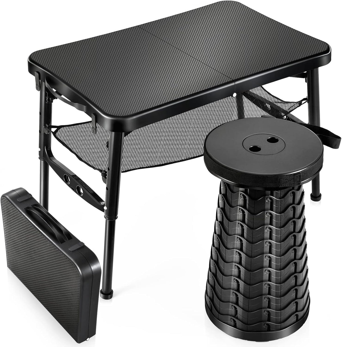 Portable Folding Camping Table and Stool Set - Adjustable Height Lightweight Black