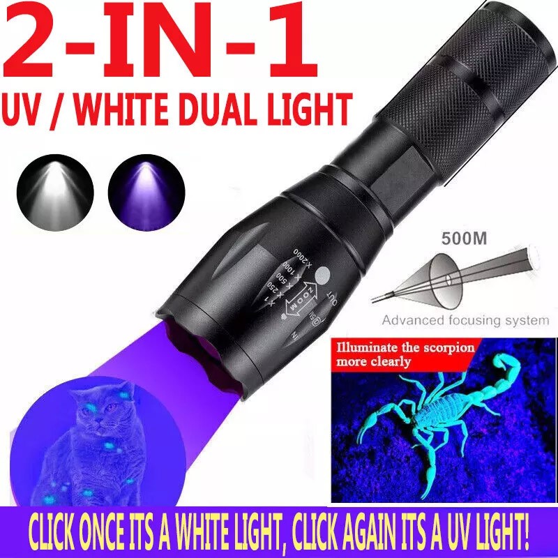 120000lm UV Flashlight Blacklight Torch for Currency Detection Waterproof