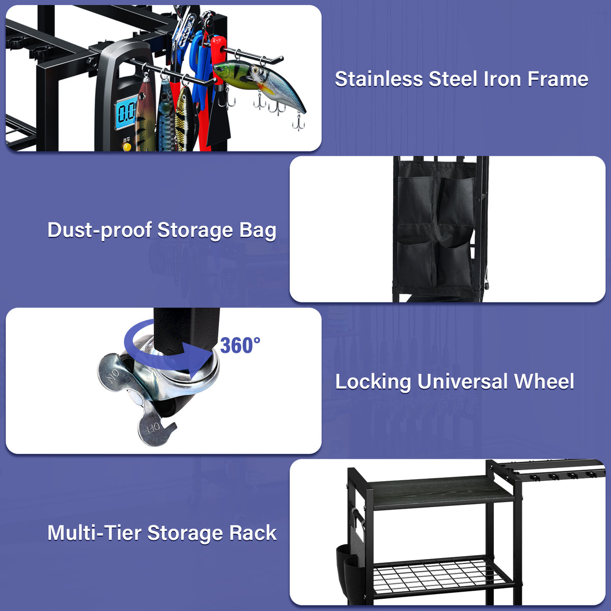 16-Rod Fishing Rod Holder Rack with Tackle Storage and Wheels