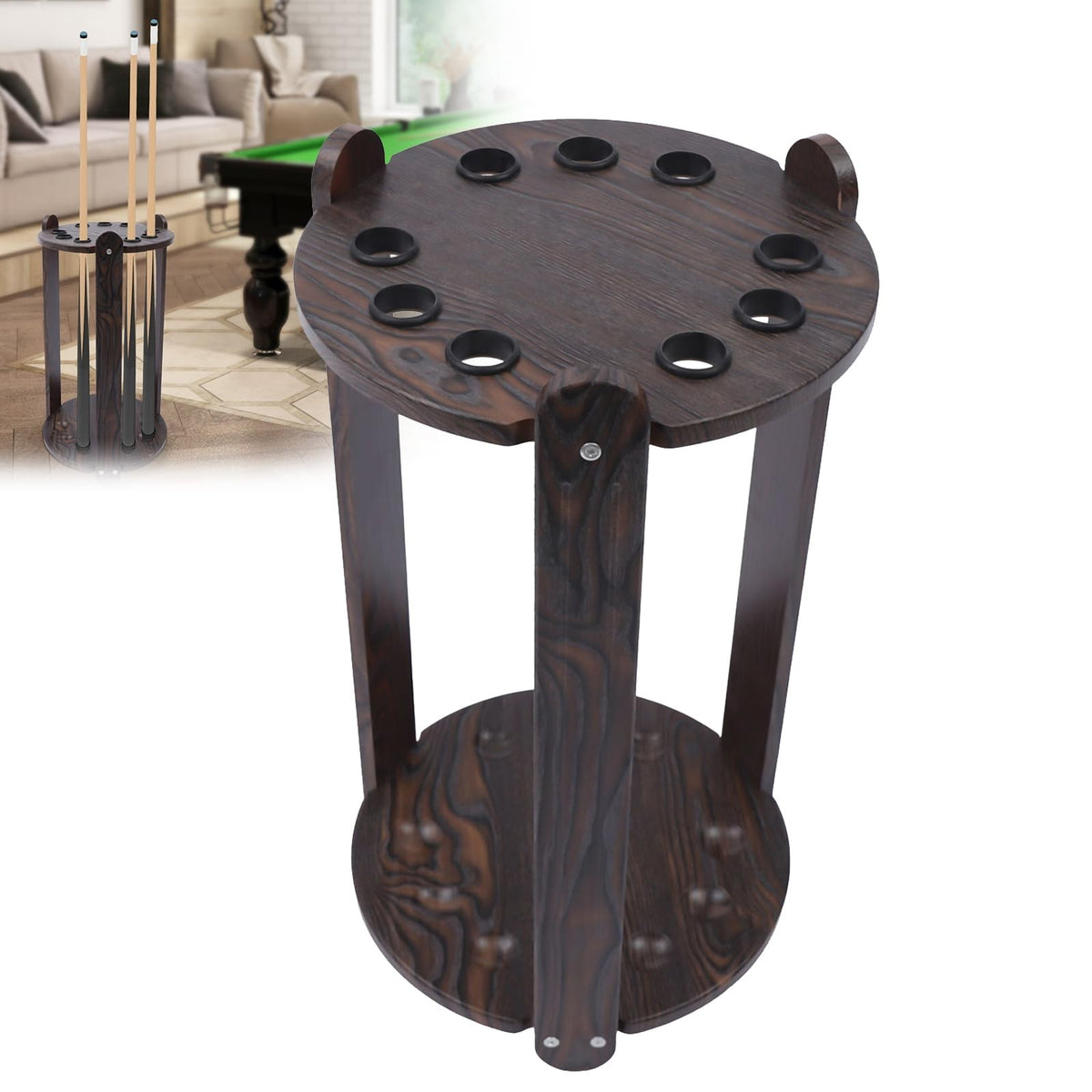 Floor Stand 9-Hole Billiard Cue Holder Rack, Wooden Pool Cue Storage