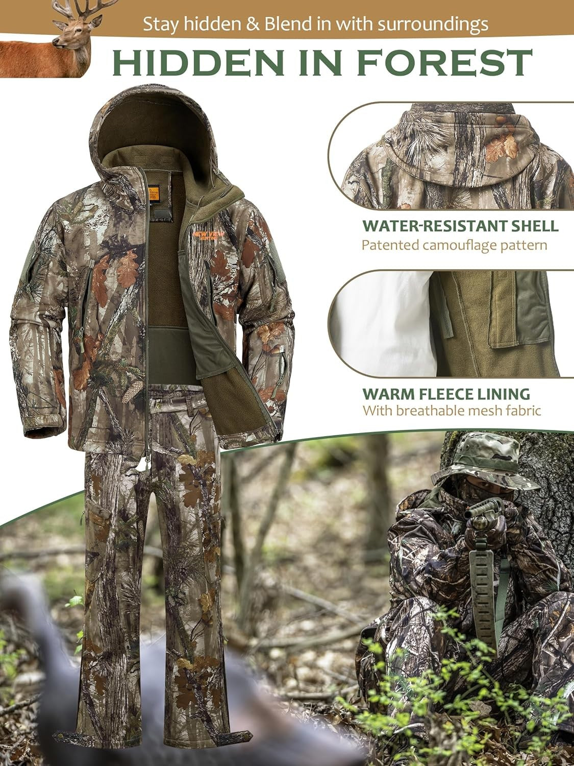Men's Camouflage Hunting Clothes Set Quiet Warm Jacket & Pants