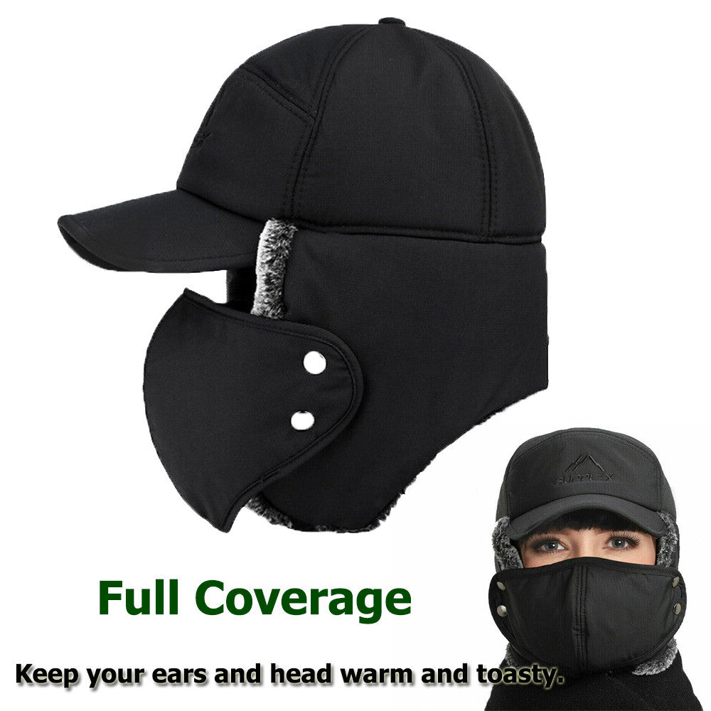 Winter Trapper Hat with Removable Face Mask Windproof Fur Ear Flap Ski Cap