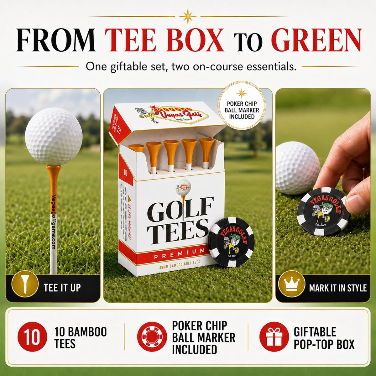 Golf Tees 10 Pack - Premium Bamboo 3.25 Inch Golf Accessories for Men & Women