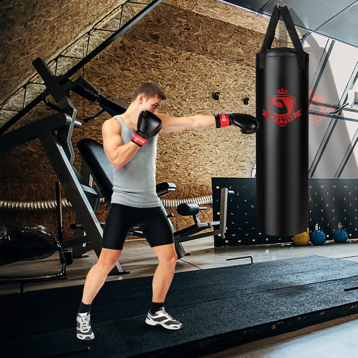 63 lb Punching Bag Set with Gloves and Hand Wraps for MMA Boxing Training