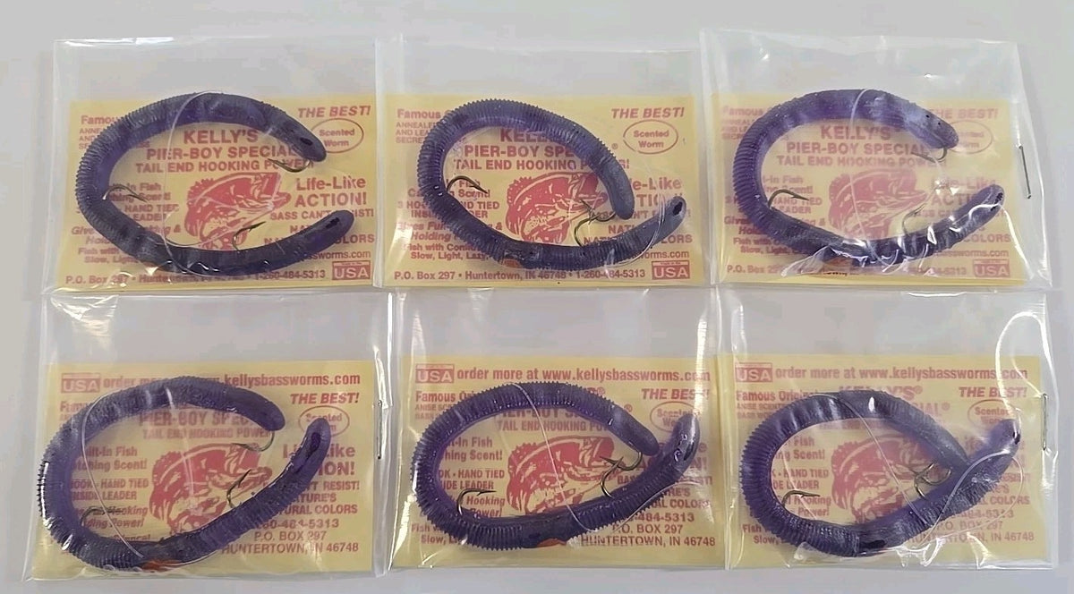 Kelly's Bass Worms Pier Boy Special Purple Wild Grape 6-Pack for Bass & Panfish