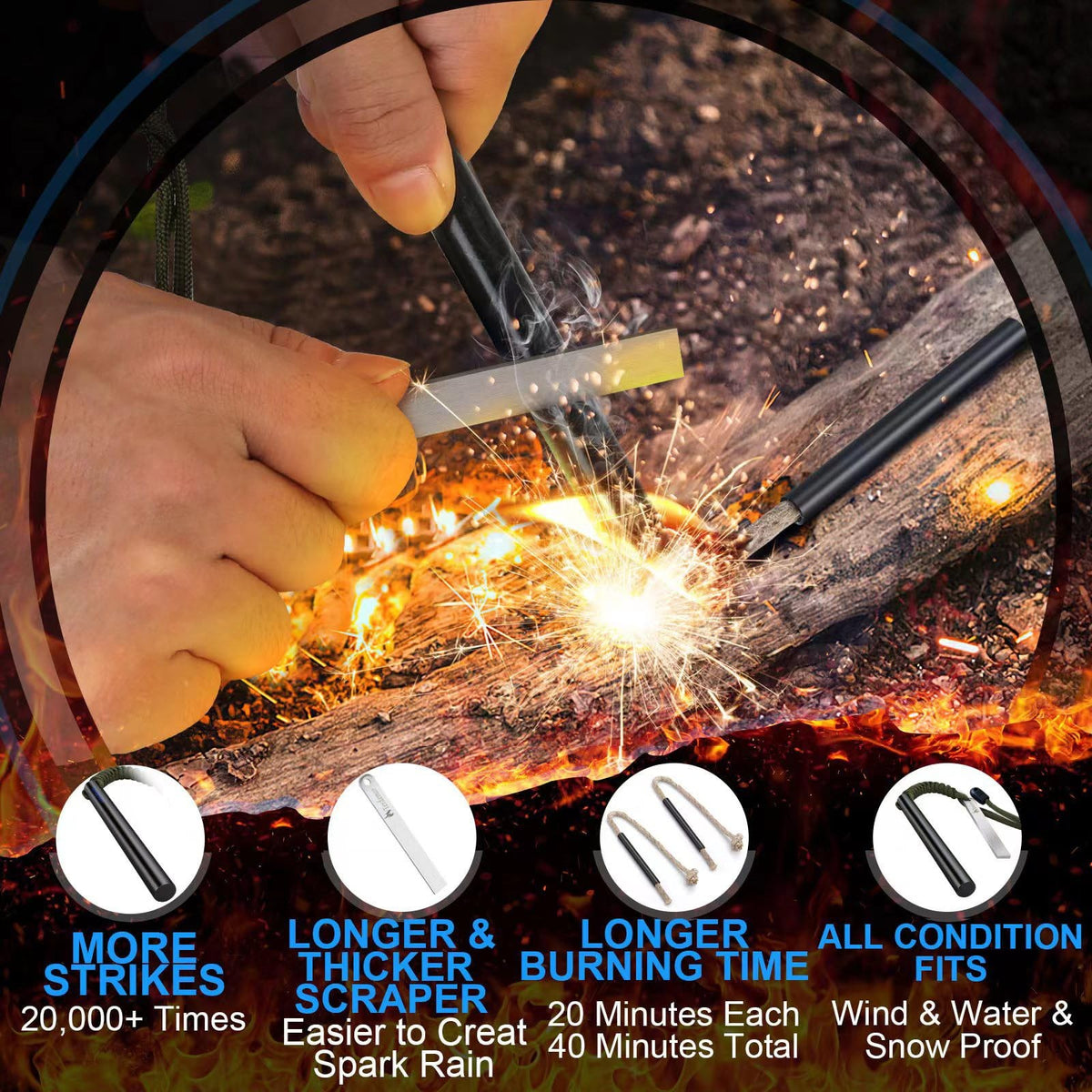 Fire Starter Ferro Rod Kit 5 Inch with Flint Steel and Paracord for Camping Survival