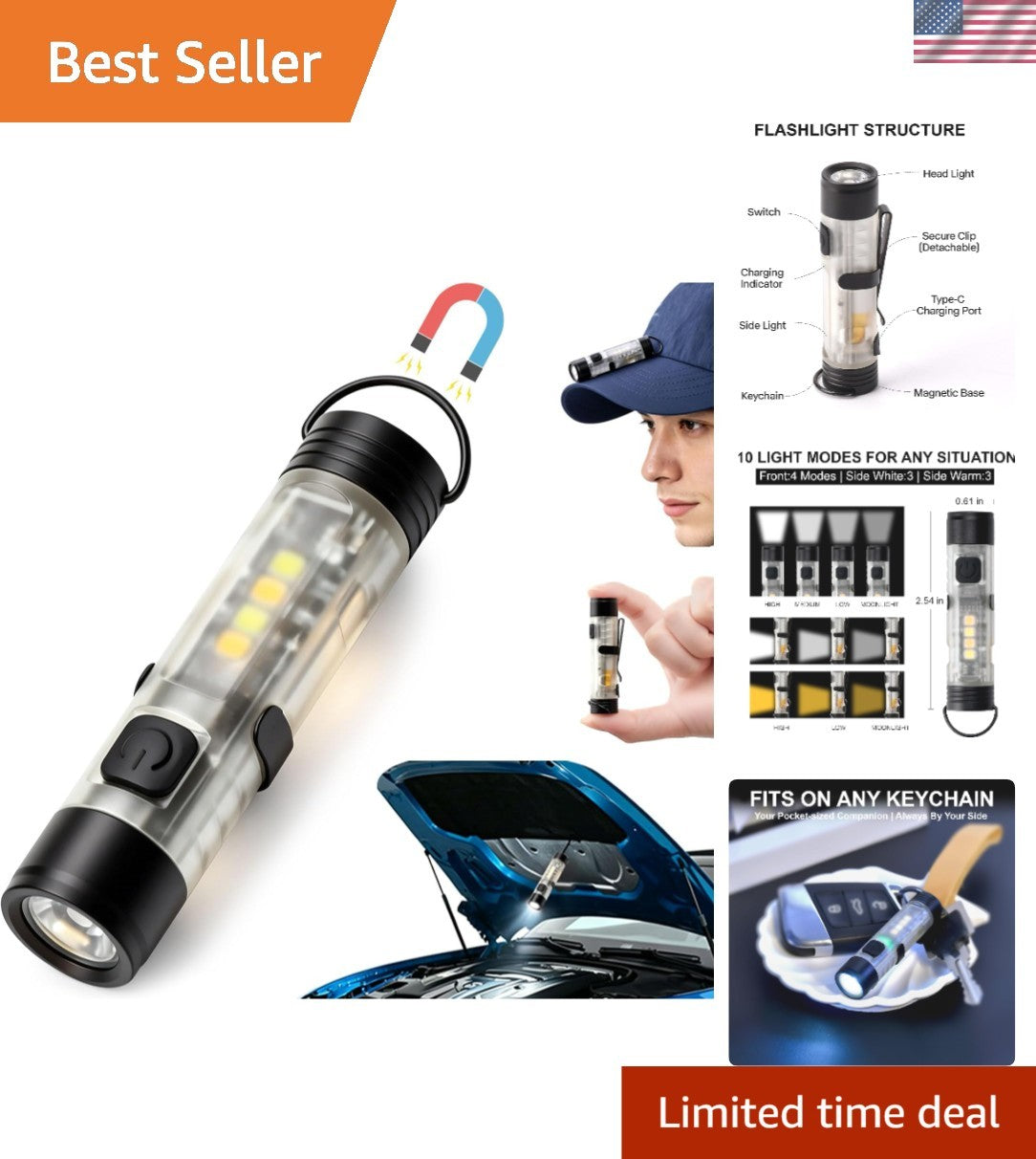 Rechargeable Mini EDC Keychain Flashlight with Dual Light Modes