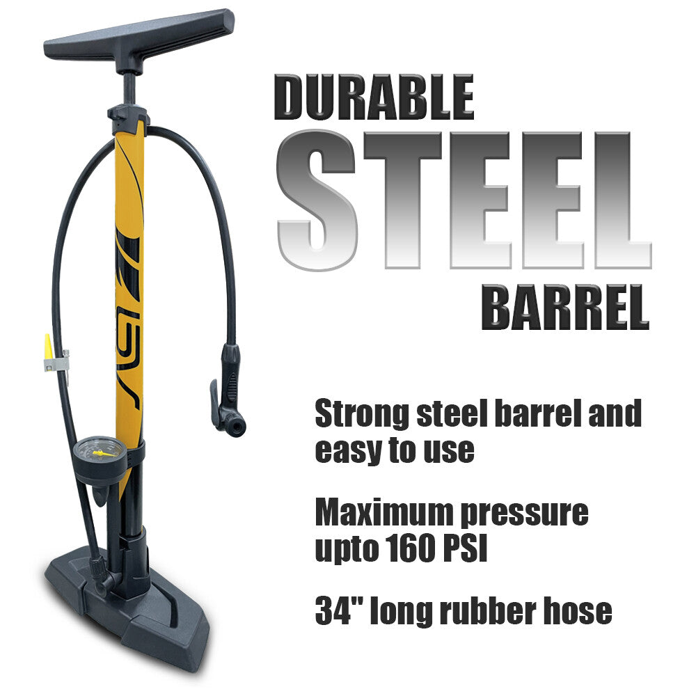 Bike Floor Pump with Gauge 160 PSI for Presta Schrader Dunlop Valves