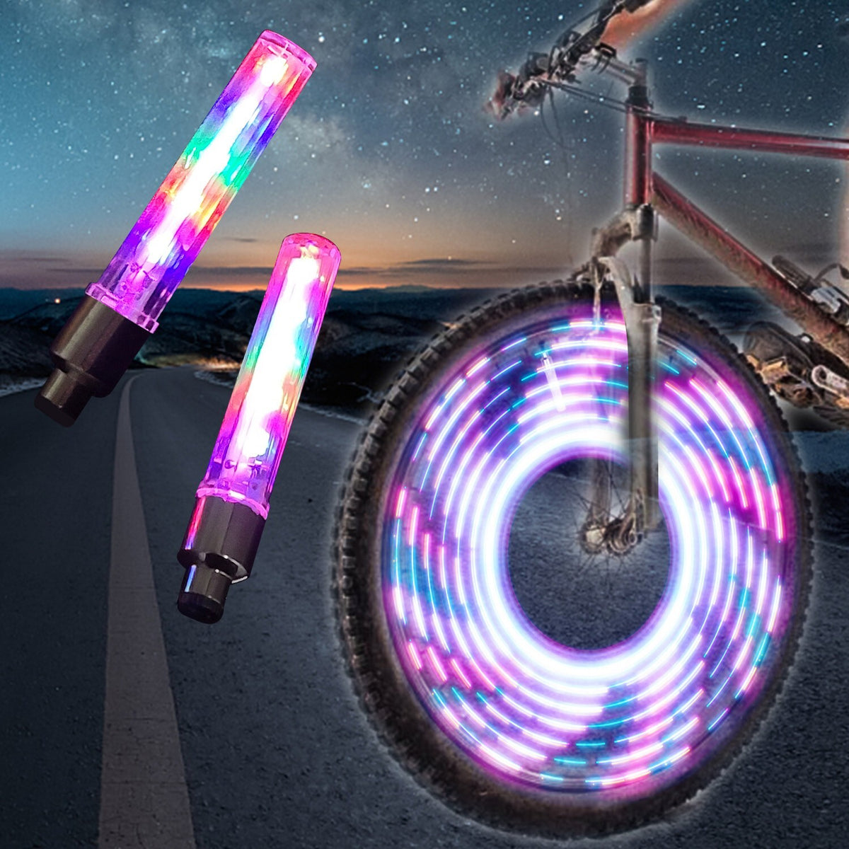 Waterproof LED Bicycle Rim Lights 2 Pack with 7 Modes for Wheel Valve