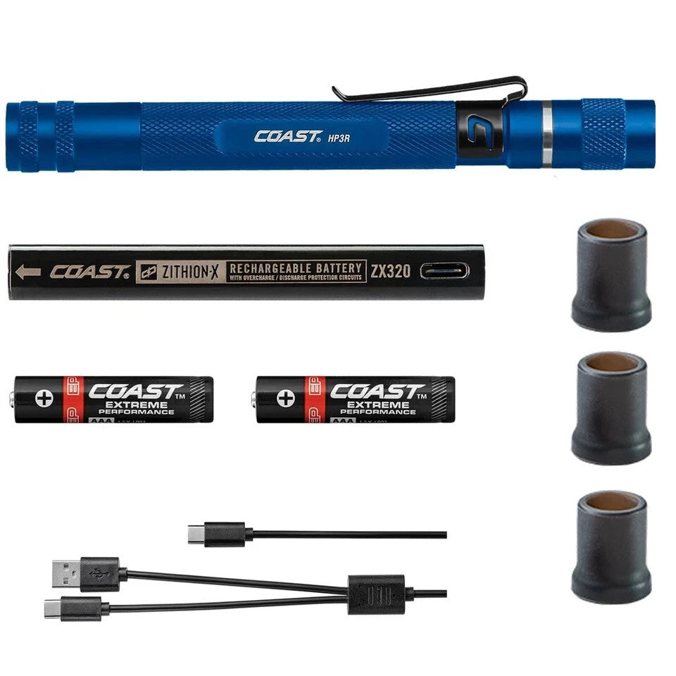 USB Rechargeable LED Penlight 500 Lumens with Twist Focus Blue