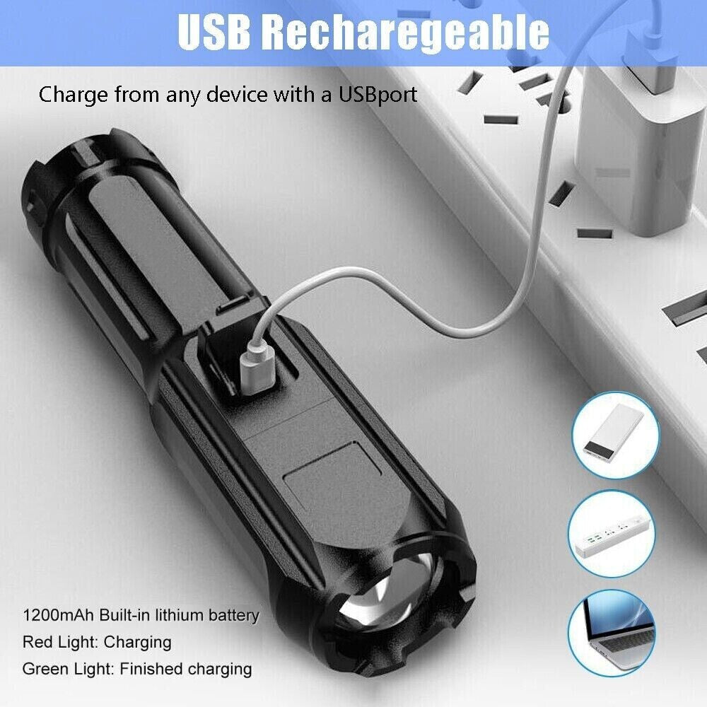 Rechargeable 2000 Lumens LED Tactical Flashlight with Zoom & USB Charging