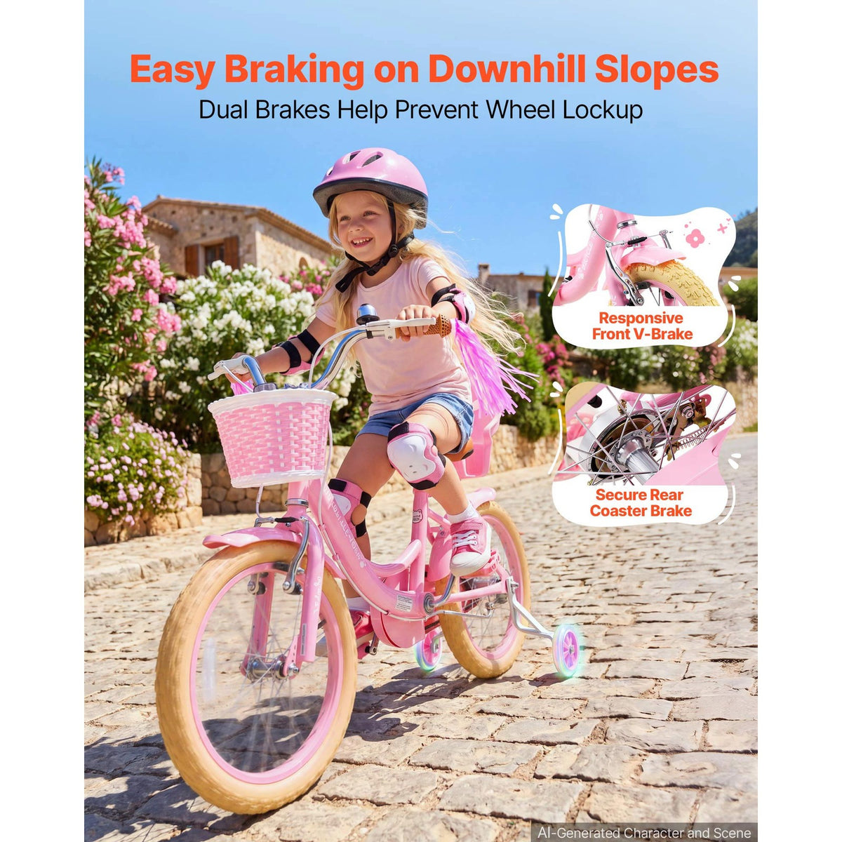 Kids' 16-Inch Bicycle with Training Wheels for Girls, Dual Brakes, Pink