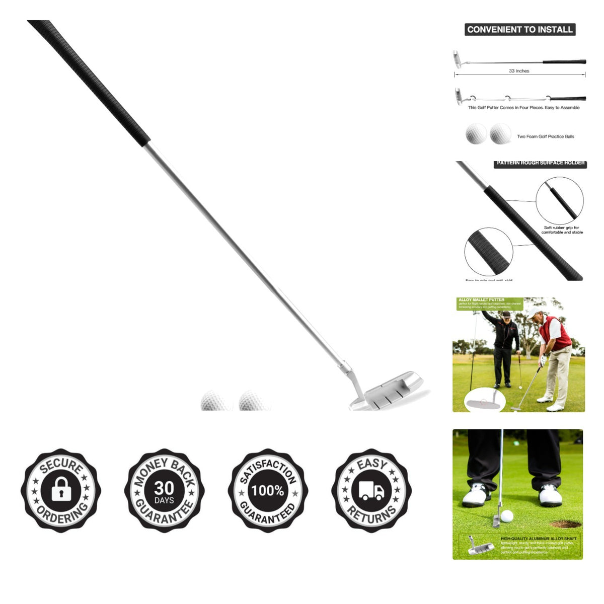 33-Inch Right Handed Golf Putter with Alignment Line and Disassemblable Design
