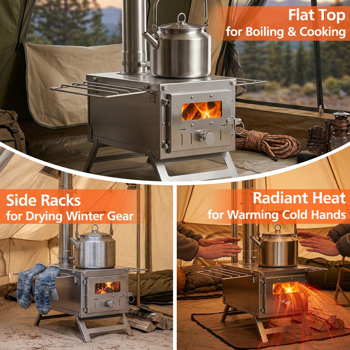 Portable Wood Burning Tent Stove with Chimney Pipes and Spark Arrestor