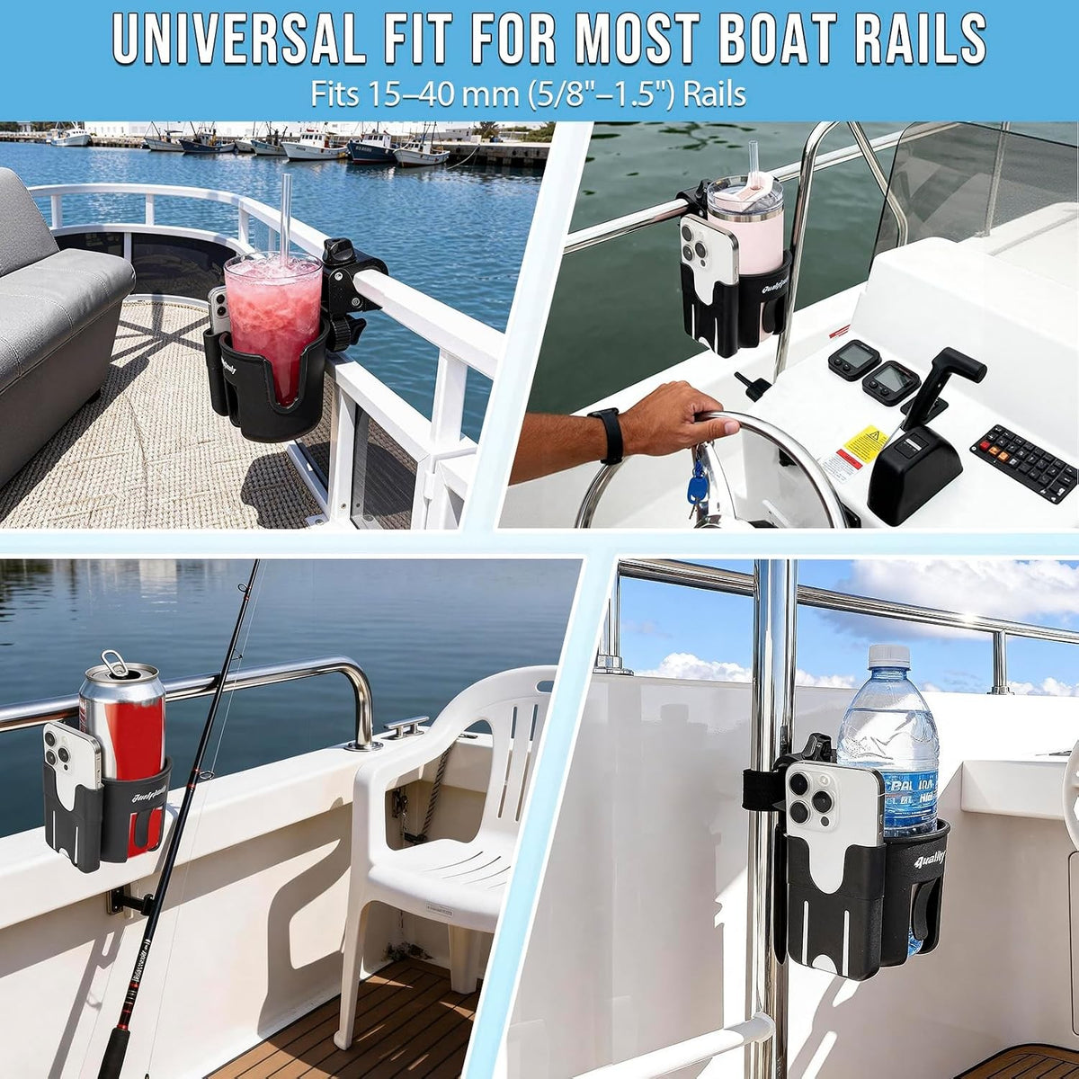 Marine Boat Rail Cup Holders 2 Pack Clamp-On 360° Adjustable Drink Holders