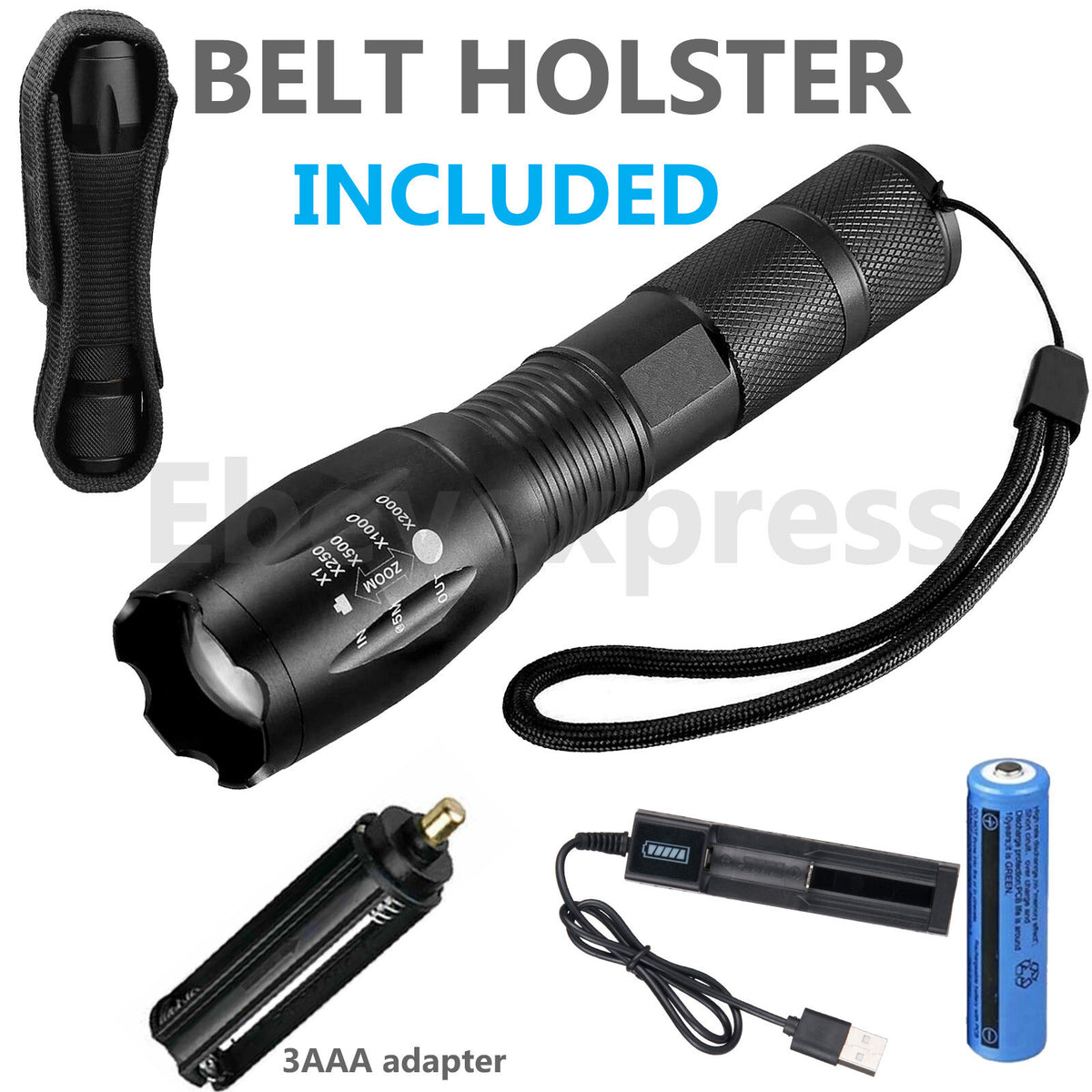 High-Power Tactical LED Flashlight 2000 Lumens Rechargeable & Battery Included