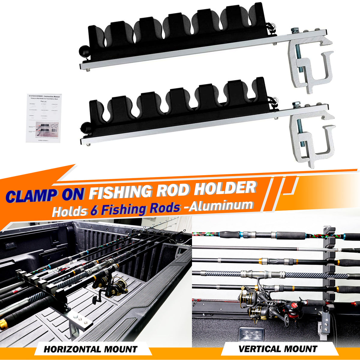 Heavy-Duty Aluminum 6-Rod Truck Bed Fishing Rod Rack Mount Vertical & Horizontal