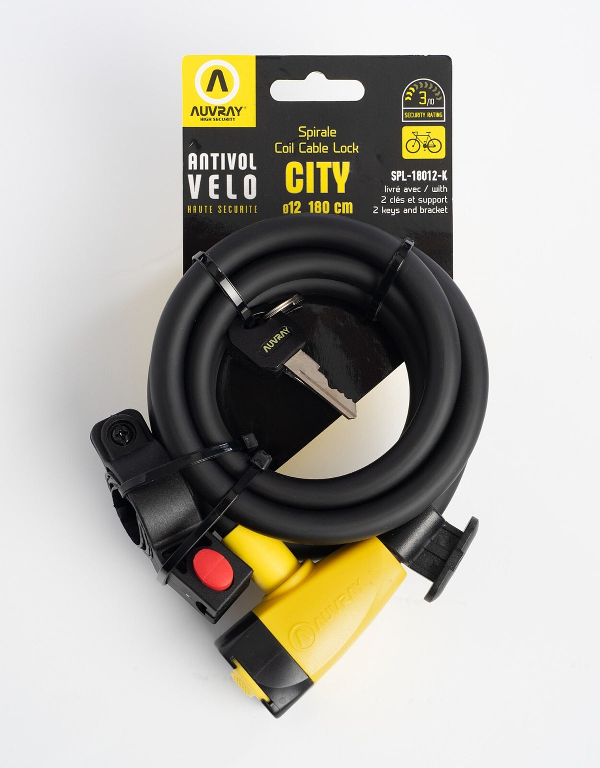 Heavy Duty Coiled Bicycle & Motorcycle Cable Lock with Bracket - 180cm