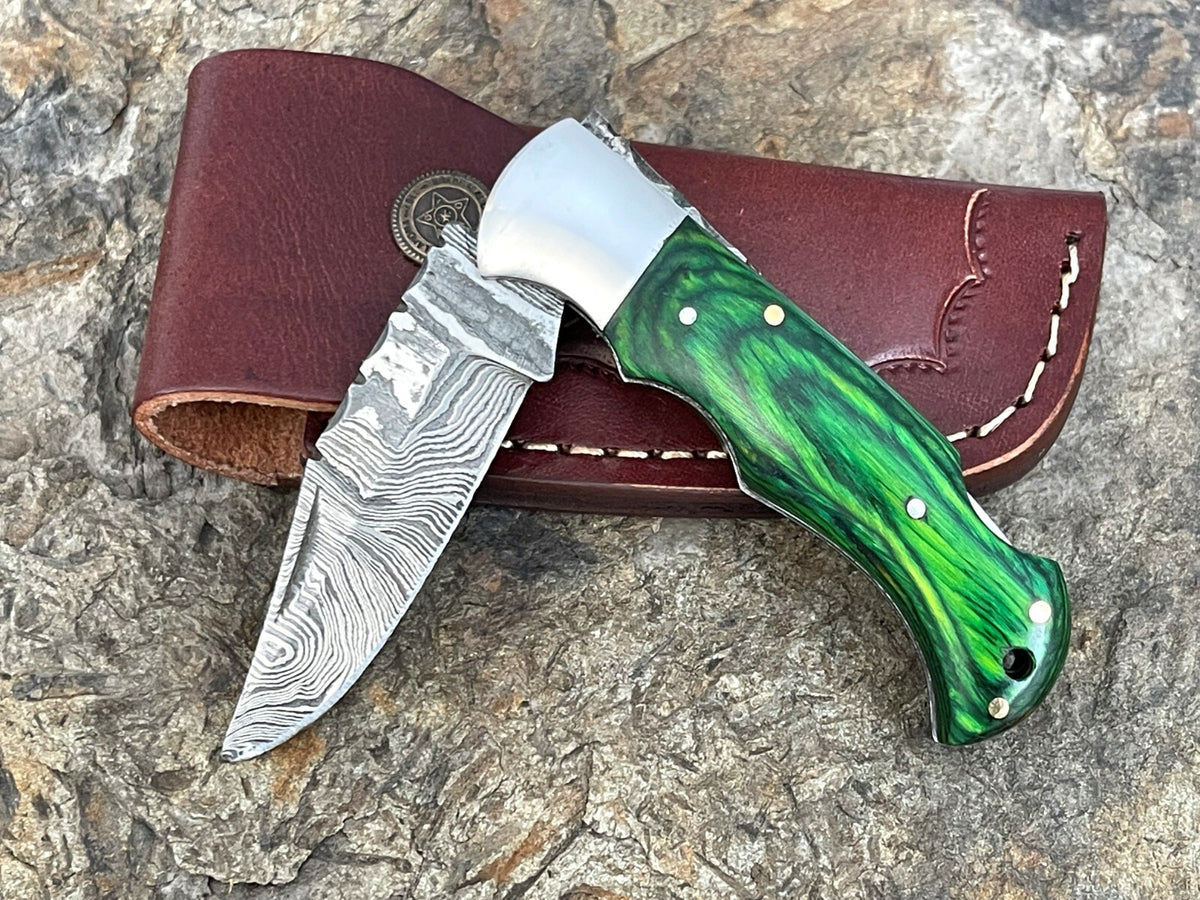 Handmade Damascus Folding Knife with Multiple Color Variants
