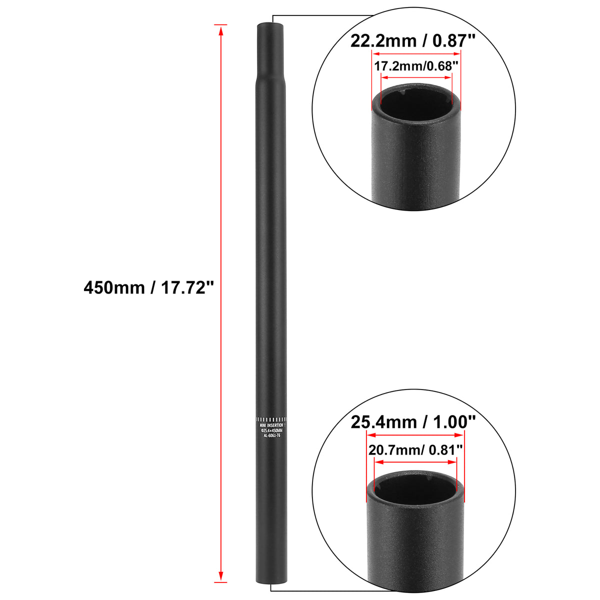 Aluminum Alloy Bicycle Seat Post 450mm x 25.4mm Without Scale Mark Black