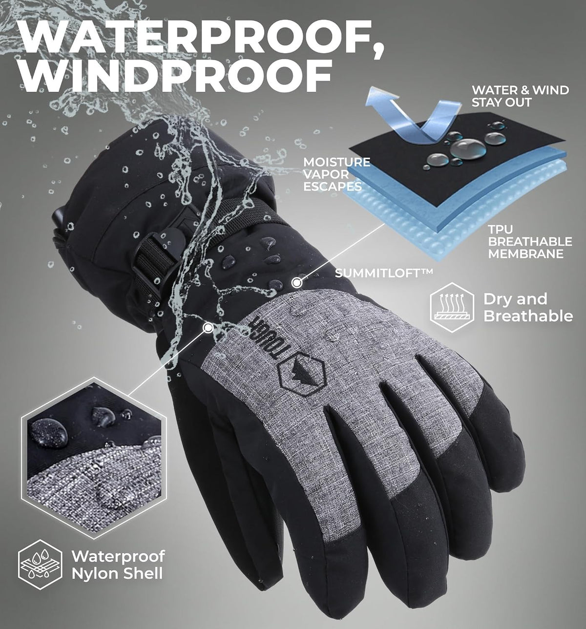 Men Women Ski Gloves Waterproof Insulated Snowboarding Gloves - Black
