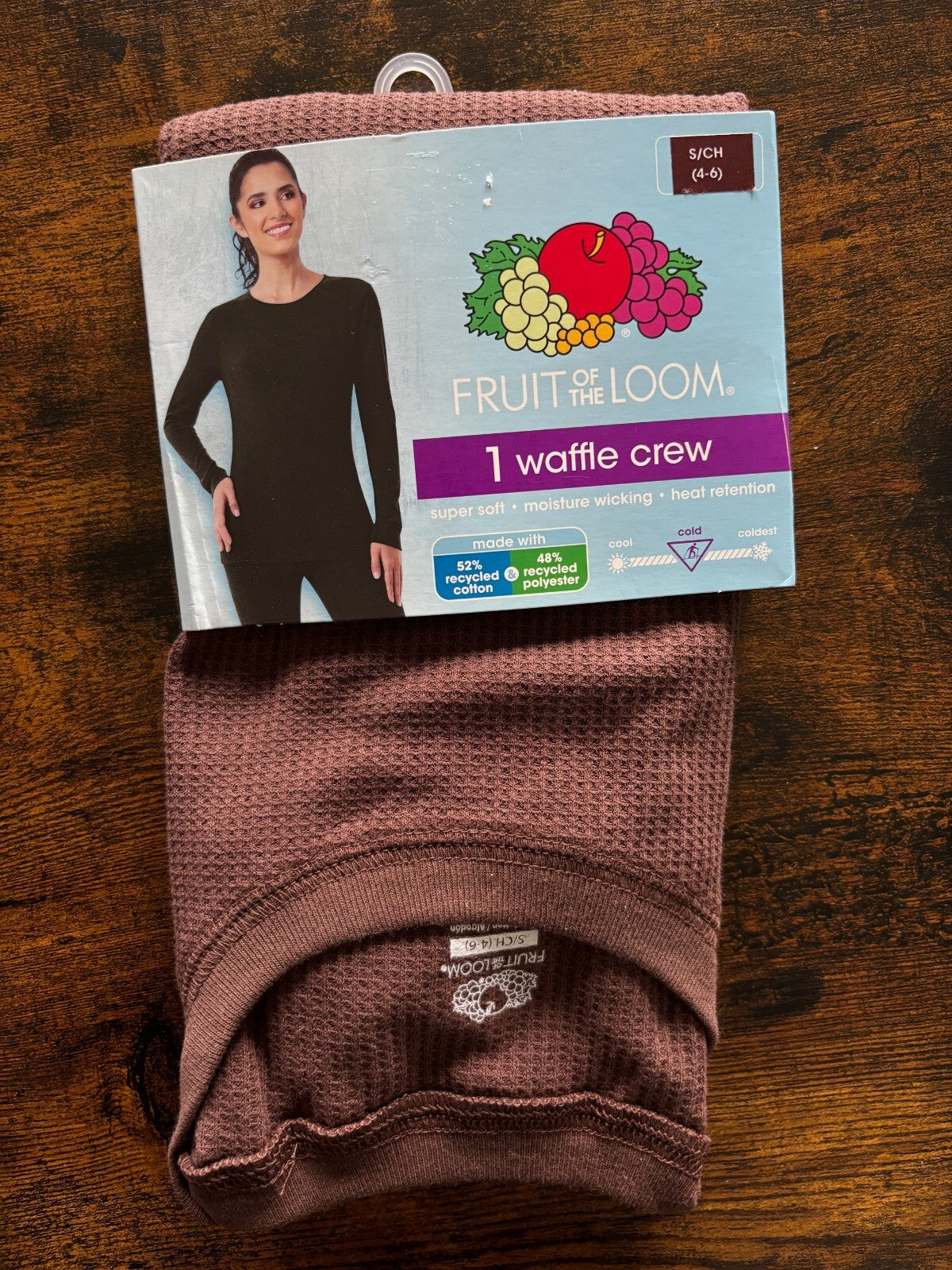 Fruit of the Loom Women's Brown Thermal Waffle Crew Shirt Small
