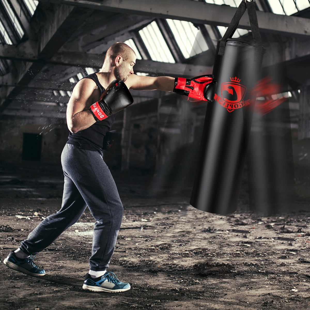 63 lb Punching Bag Set with Gloves and Hand Wraps for MMA Boxing Training