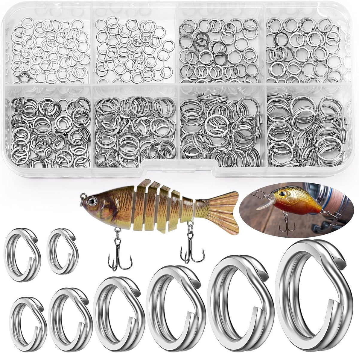 Fishing Split Rings Set 8 Sizes 300 Pcs for Lures Hooks and Tackle